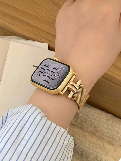 Huastonband 1pc Fashion Stainless Steel Metal Gold Color Band Compatible With Apple Watch Band, Watch SE S11 S10 S9 S8 S7 S6 S5 S4 S3 S2 S1, Premium Magnetic Adjustable Band, 38mm 40mm 41mm 42mm 44mm