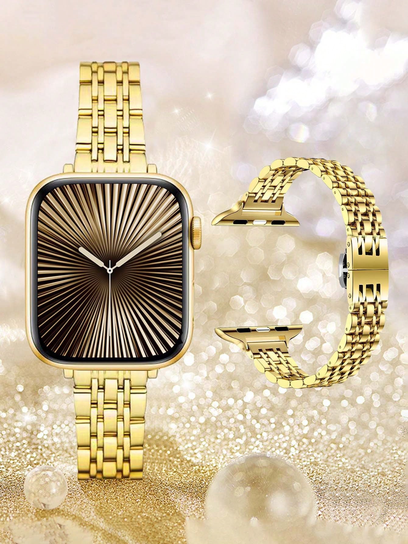 Huastonband 1pc Women's Gold Watch Band, New Narrow Waist Slim Design, Ultra-Thin Lightweight High-End Luxury Smooth Surface, Adjustable 7-Bead Stainless Steel Metal Watch Bands For Ultra 2 Series SE