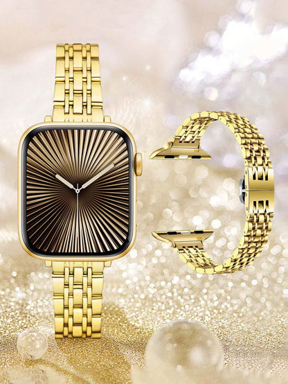 Huastonband 1pc Women's Gold Watch Band, New Narrow Waist Slim Design, Ultra-Thin Lightweight High-End Luxury Smooth Surface, Adjustable 7-Bead Stainless Steel Metal Watch Bands For Ultra 2 Series SE