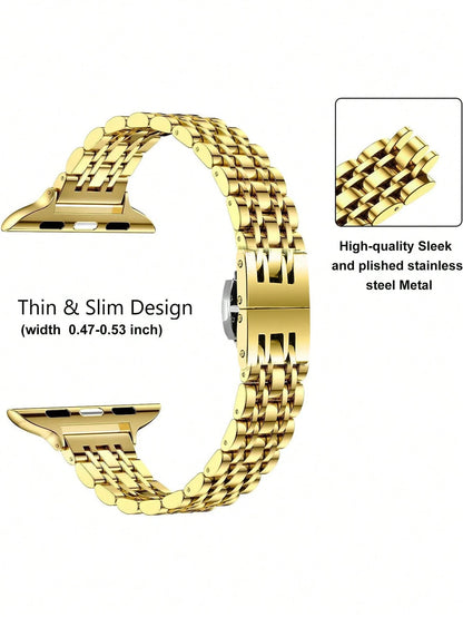 Huastonband 1pc Women's Gold Watch Band, New Narrow Waist Slim Design, Ultra-Thin Lightweight High-End Luxury Smooth Surface, Adjustable 7-Bead Stainless Steel Metal Watch Bands For Ultra 2 Series SE