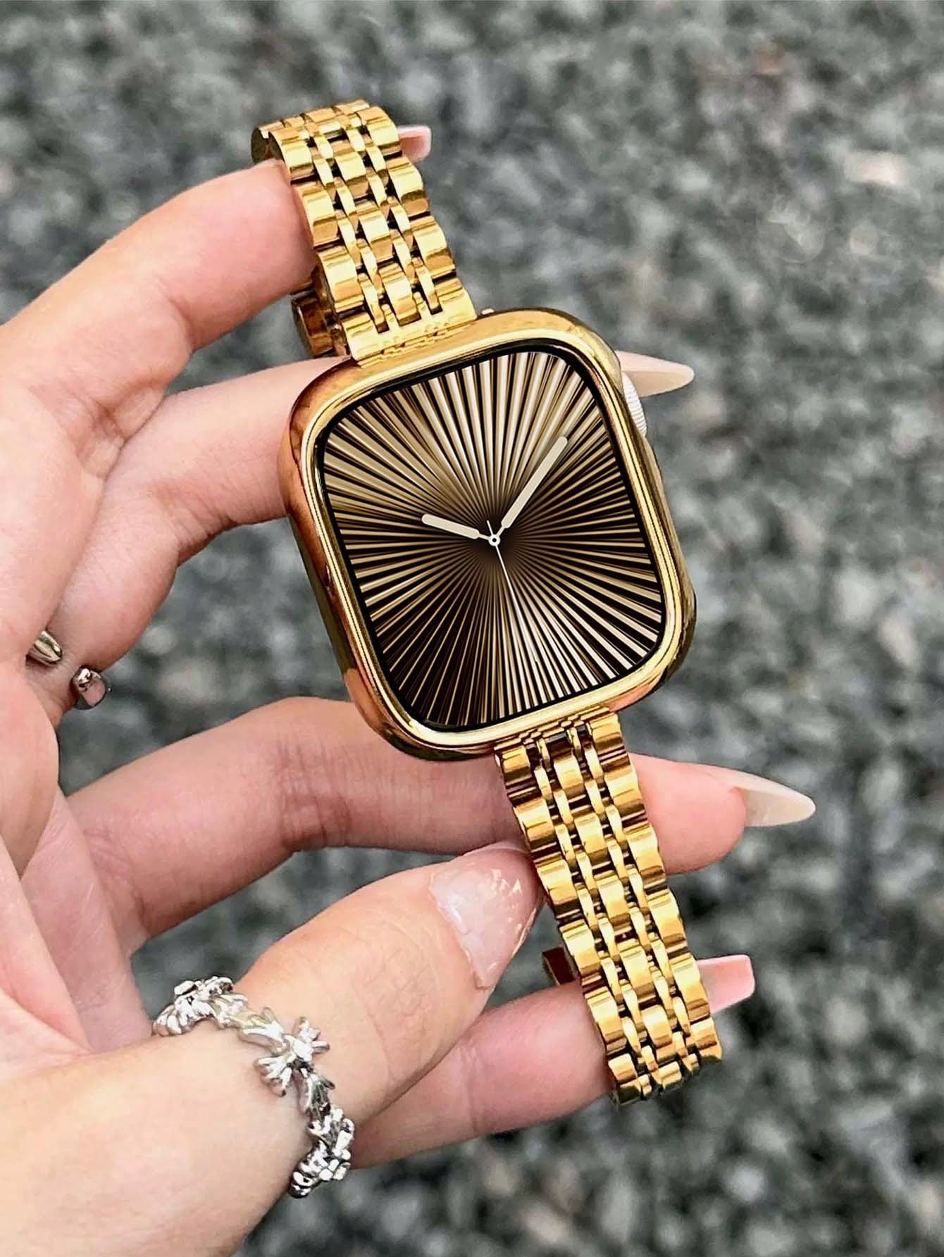 Huastonband 1pc Women's Gold Watch Band, New Narrow Waist Slim Design, Ultra-Thin Lightweight High-End Luxury Smooth Surface, Adjustable 7-Bead Stainless Steel Metal Watch Bands For Ultra 2 Series SE
