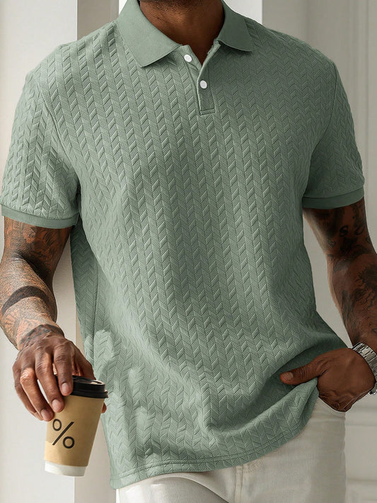 HUEFORM Men's Sage Green Geometric Diamond-Textured Jacquard Knit Short-Sleeve Polo Shirt,Old Money Style French Elegance Summer Casual Vacation Ceremony Top