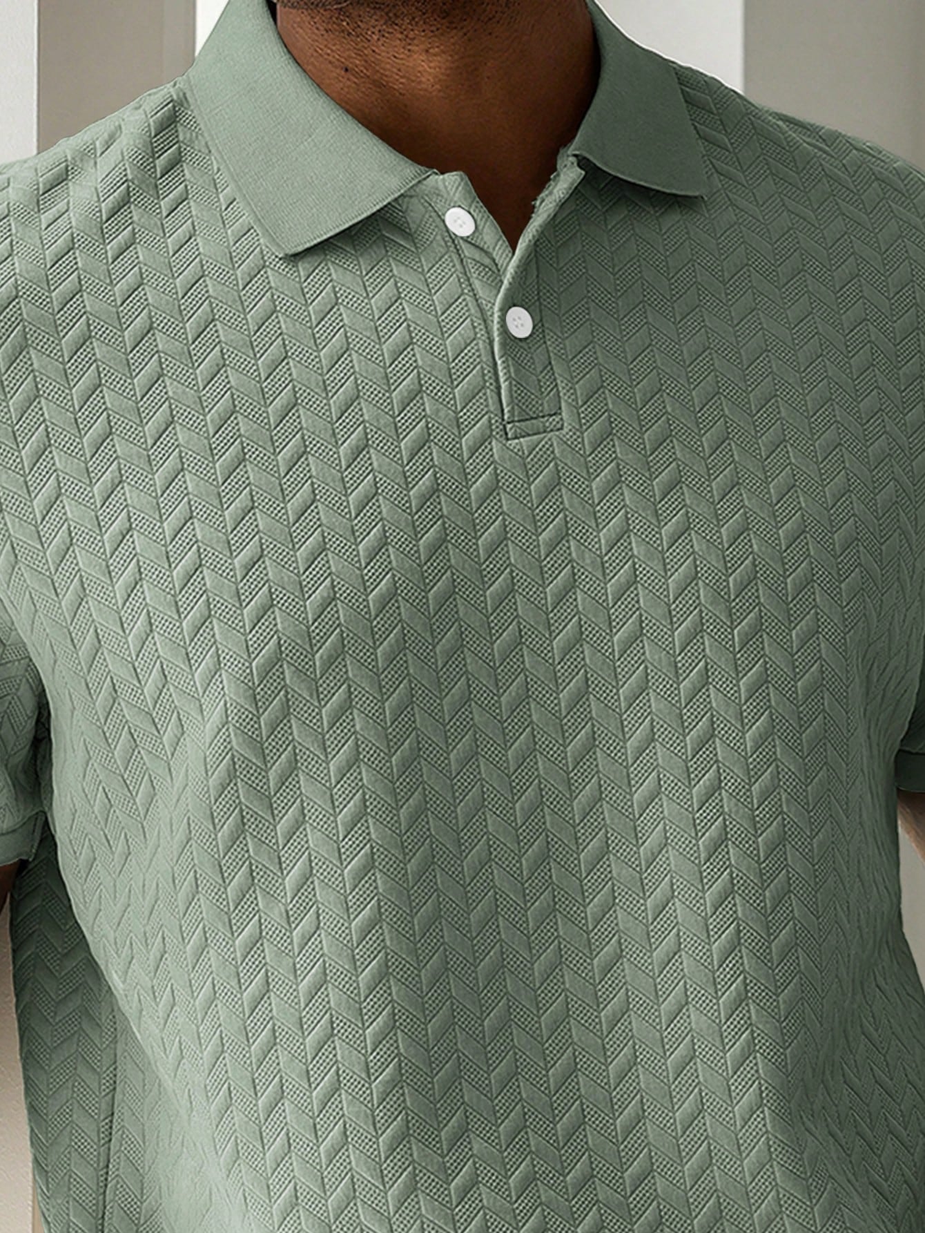 HUEFORM Men's Sage Green Geometric Diamond-Textured Jacquard Knit Short-Sleeve Polo Shirt,Old Money Style French Elegance Summer Casual Vacation Ceremony Top