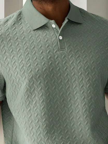 HUEFORM Men's Sage Green Geometric Diamond-Textured Jacquard Knit Short-Sleeve Polo Shirt,Old Money Style French Elegance Summer Casual Vacation Ceremony Top