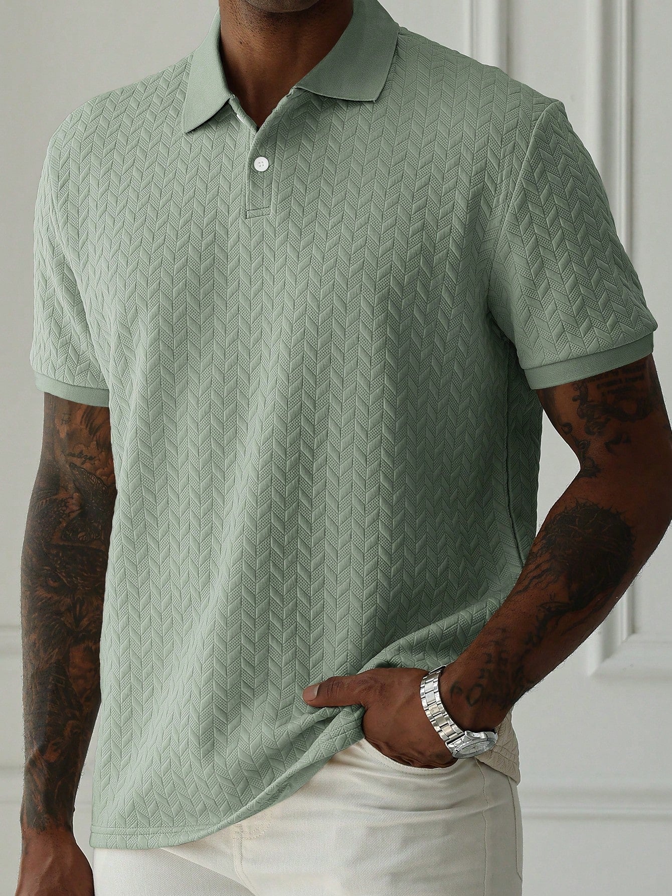 HUEFORM Men's Sage Green Geometric Diamond-Textured Jacquard Knit Short-Sleeve Polo Shirt,Old Money Style French Elegance Summer Casual Vacation Ceremony Top