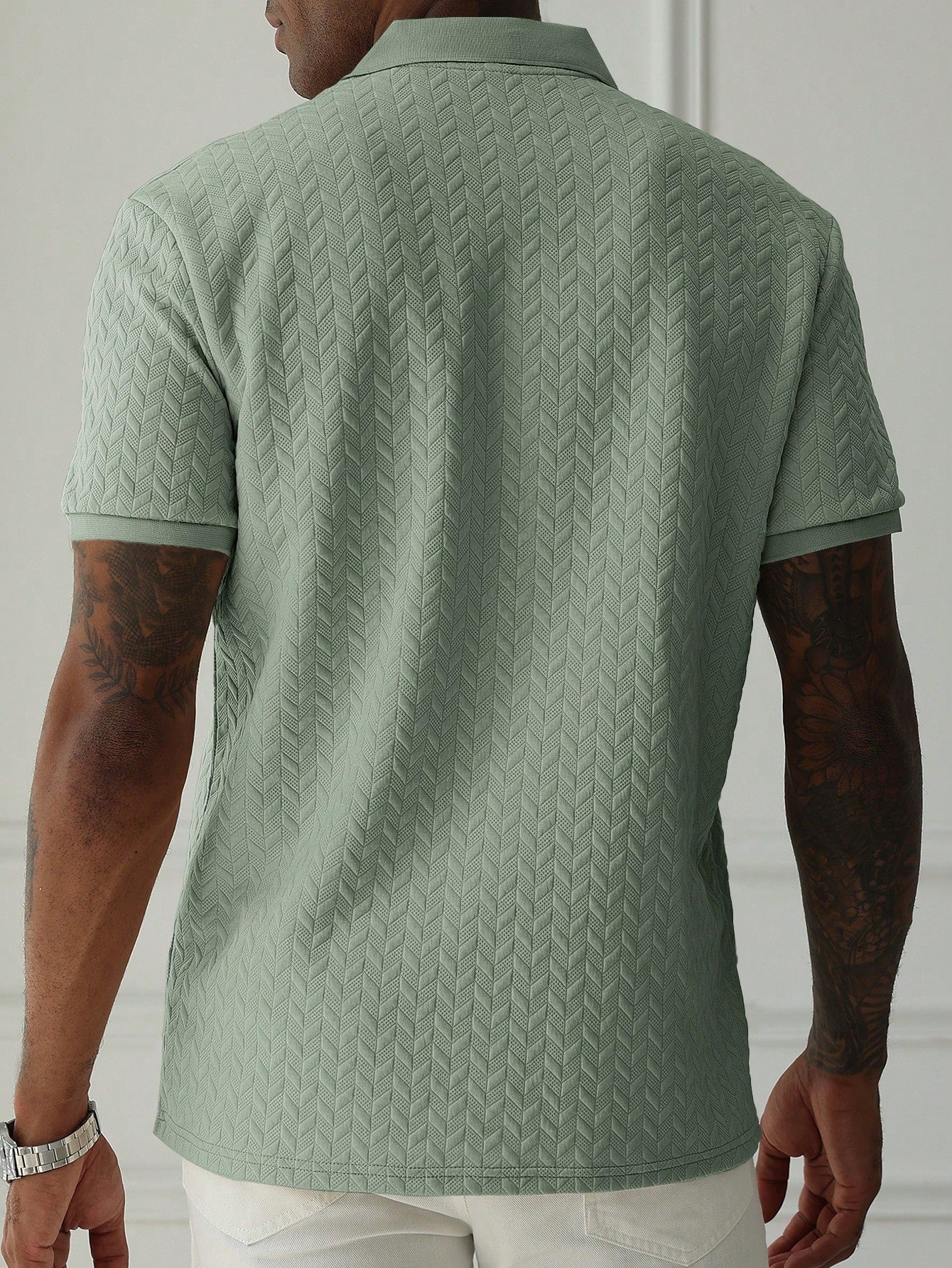 HUEFORM Men's Sage Green Geometric Diamond-Textured Jacquard Knit Short-Sleeve Polo Shirt,Old Money Style French Elegance Summer Casual Vacation Ceremony Top