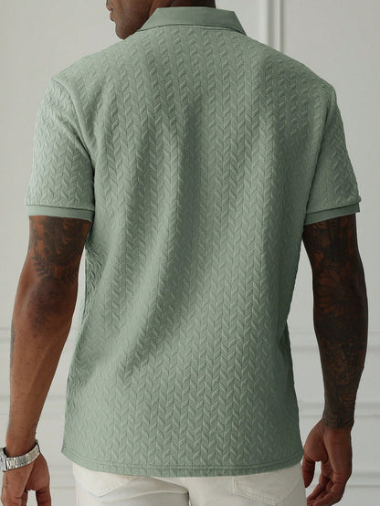 HUEFORM Men's Sage Green Geometric Diamond-Textured Jacquard Knit Short-Sleeve Polo Shirt,Old Money Style French Elegance Summer Casual Vacation Ceremony Top
