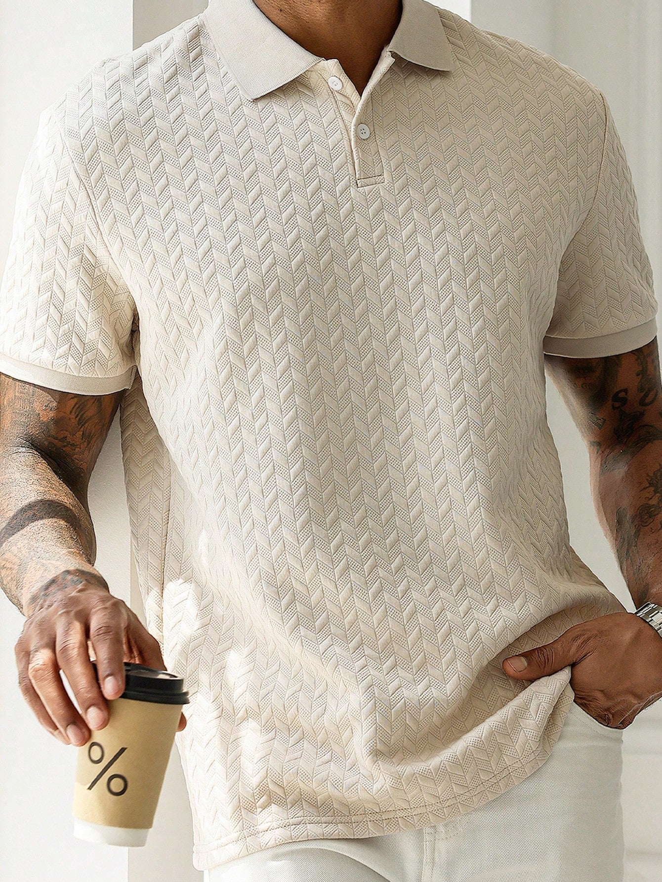 HUEFORM Men's Sage Green Geometric Diamond-Textured Jacquard Knit Short-Sleeve Polo Shirt,Old Money Style French Elegance Summer Casual Vacation Ceremony Top