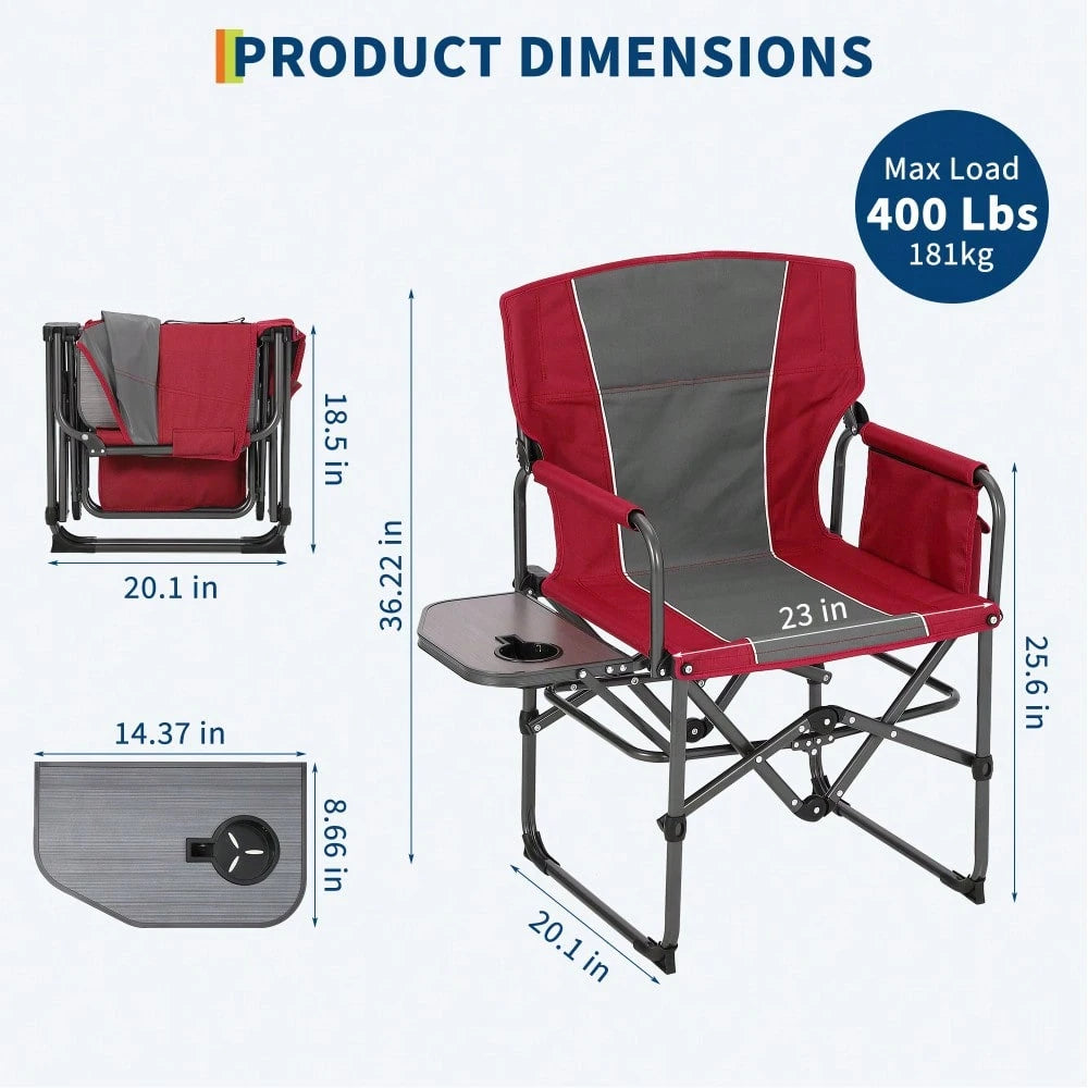 Huisuilinss Oversized Camping Directors Chair,Portable Camping Chair,Folding Chair,Adults Lawn Chair With Side Table,Support 400 Lbs,For Sports Picnic Beach Fishing,1PCS
