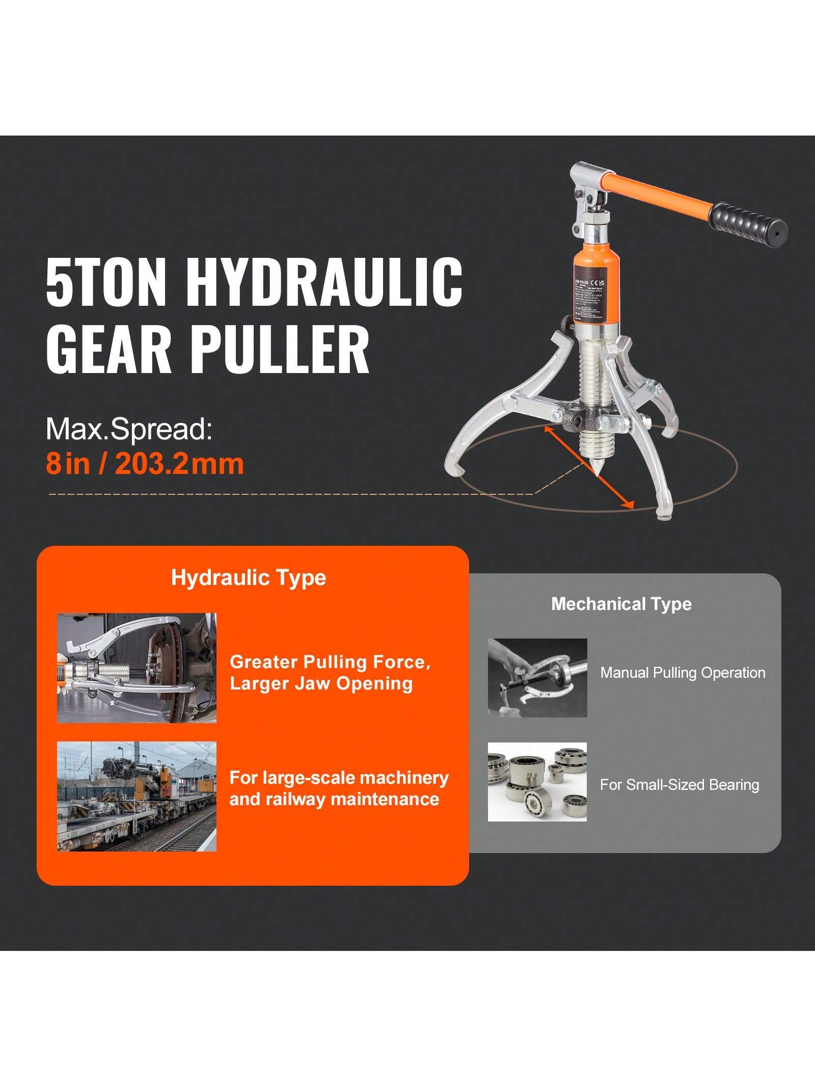 Hydraulic Gear Puller 5&15 Ton Max Capacity Wheel Bearing Pulling Separator 2 Or 3 Jaws Puller Vertically And Horizontally 8"&12" Jaw Hydraulic Puller With Case For Pulling Hubs