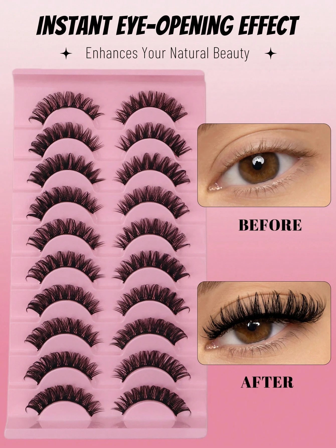 ICHICKISS 10 Pairs Soft False Eyelashes, Curled, Skin-Friendly, Non-Irritating, Reusable, Suitable For Eyelash Extensions