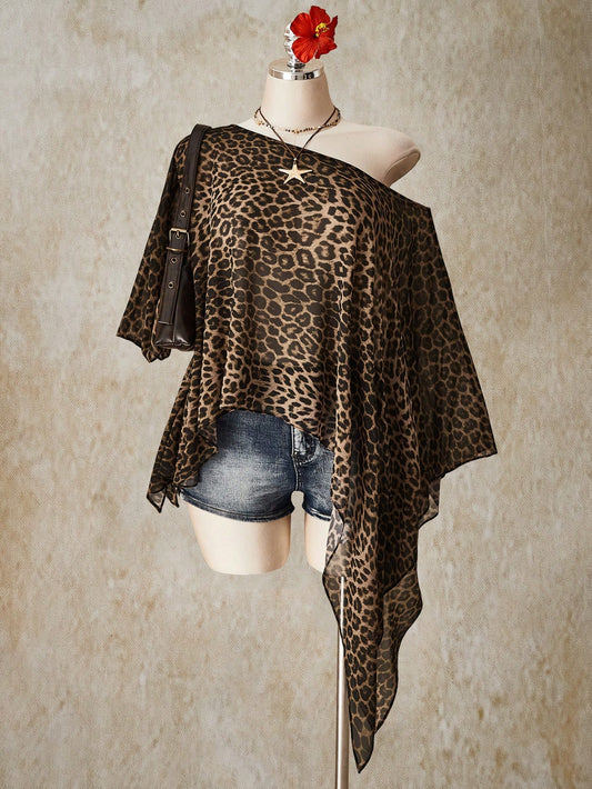 ICON Plus Size Brown Y2K Sexy Leopard Print Asymmetrical Hem Loose Top,Summer 70's Retro Bohemian Music Festival Night Out Beach Club Party Tops