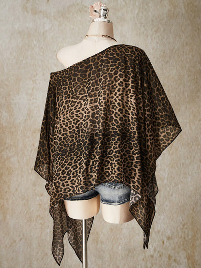 ICON Plus Size Brown Y2K Sexy Leopard Print Asymmetrical Hem Loose Top,Summer 70's Retro Bohemian Music Festival Night Out Beach Club Party Tops