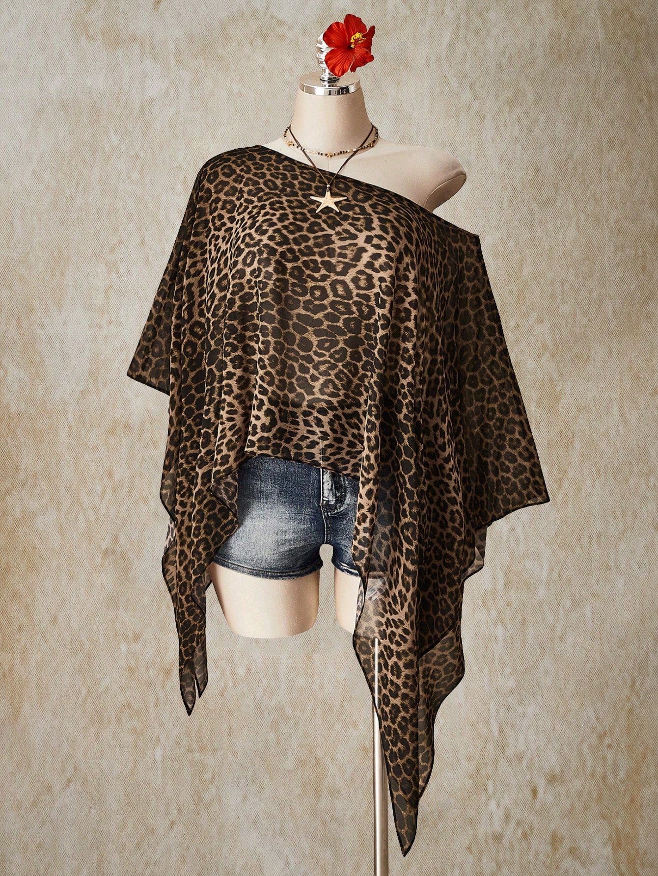 ICON Plus Size Brown Y2K Sexy Leopard Print Asymmetrical Hem Loose Top,Summer 70's Retro Bohemian Music Festival Night Out Beach Club Party Tops