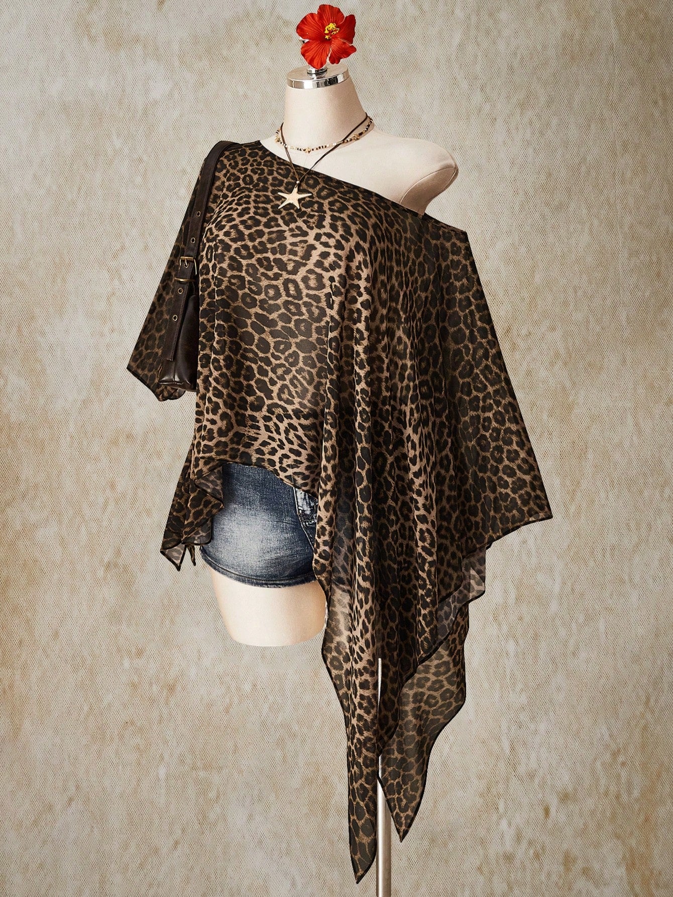 ICON Plus Size Brown Y2K Sexy Leopard Print Asymmetrical Hem Loose Top,Summer 70's Retro Bohemian Music Festival Night Out Beach Club Party Tops