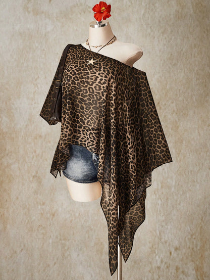 ICON Plus Size Brown Y2K Sexy Leopard Print Asymmetrical Hem Loose Top,Summer 70's Retro Bohemian Music Festival Night Out Beach Club Party Tops