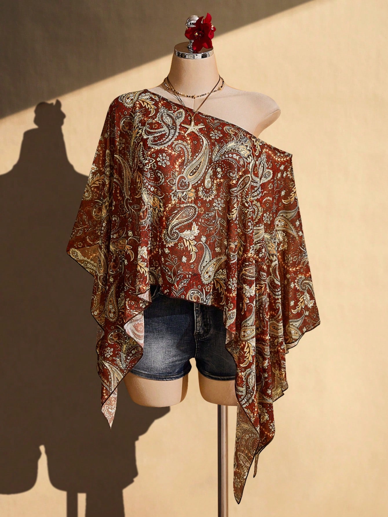 ICON Plus Size Women Y2K Retro Paisley Print Asymmetric Collar Cover Up Top
