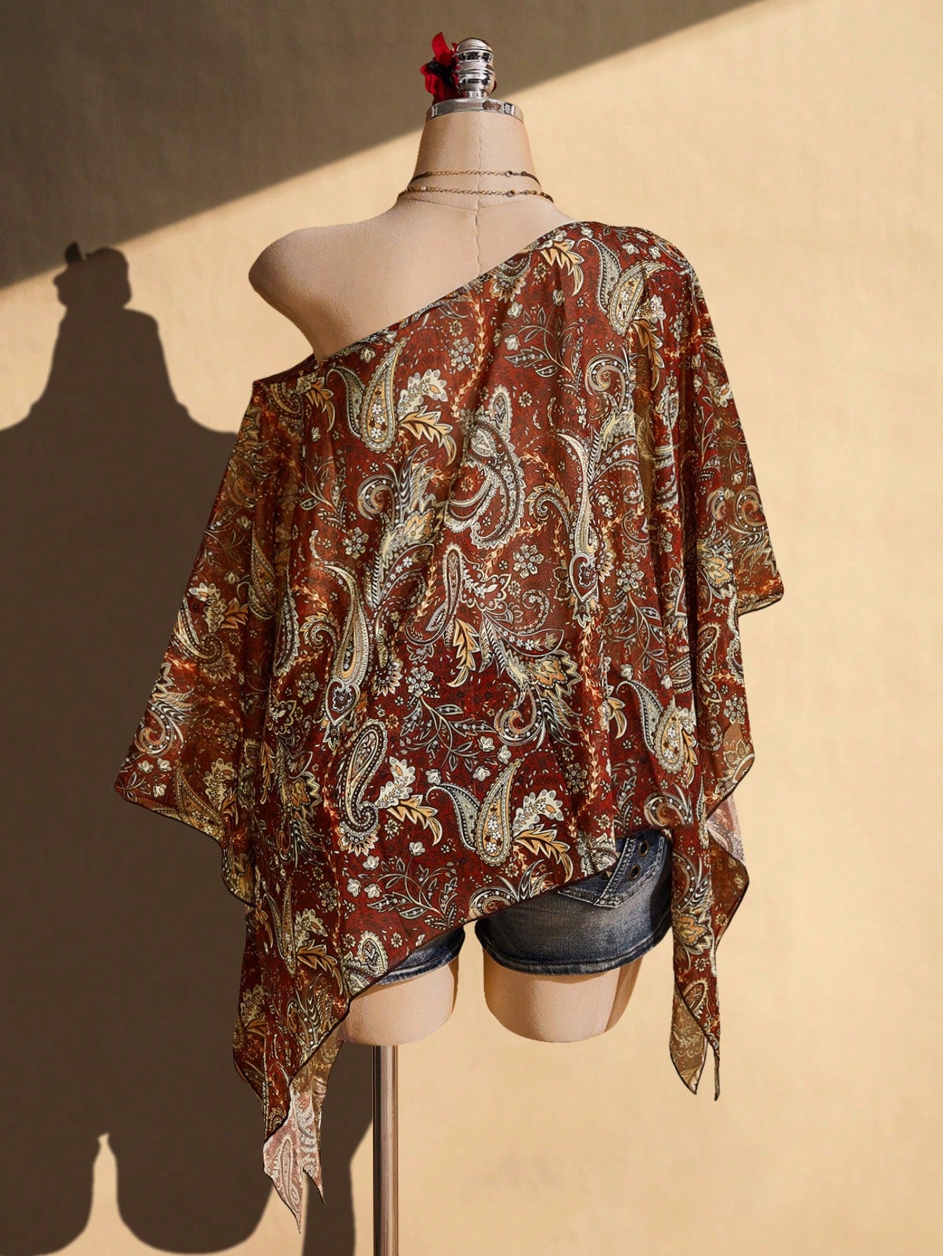 ICON Plus Size Women Y2K Retro Paisley Print Asymmetric Collar Cover Up Top