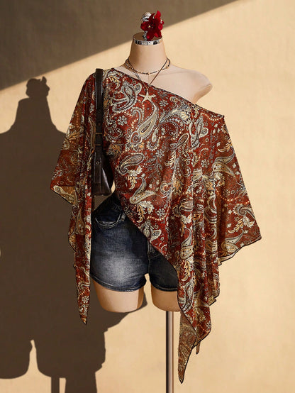 ICON Plus Size Women Y2K Retro Paisley Print Asymmetric Collar Cover Up Top
