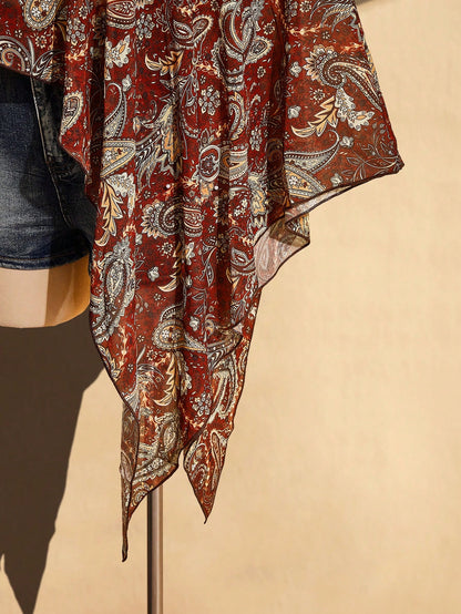 ICON Plus Size Women Y2K Retro Paisley Print Asymmetric Collar Cover Up Top