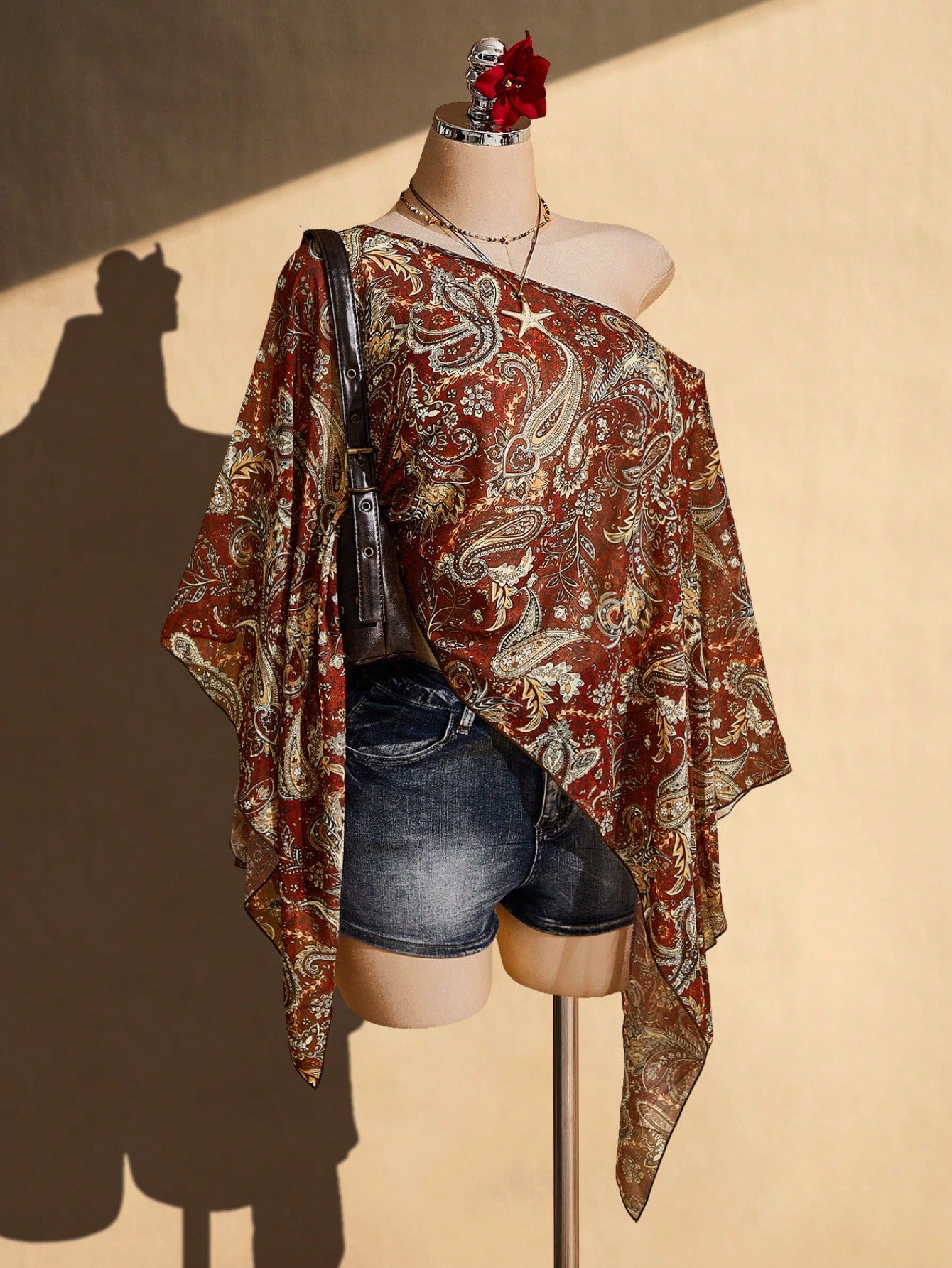 ICON Plus Size Women Y2K Retro Paisley Print Asymmetric Collar Cover Up Top