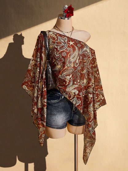 ICON Plus Size Women Y2K Retro Paisley Print Asymmetric Collar Cover Up Top