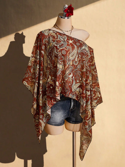 ICON Plus Size Women Y2K Retro Paisley Print Asymmetric Collar Cover Up Top