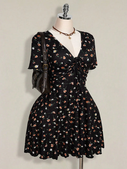 ICON Summer Women's Holiday Sexy Boho Going Out Vacation Ditsy Floral Front Tie Short Sleeve Casual Mini Dress Black Floral