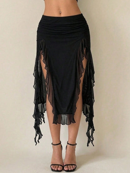 ICON Women's Ruffle Hem Slit Design Casual Versatile Date Night Skirt