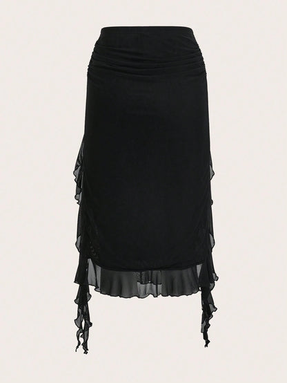 ICON Women's Ruffle Hem Slit Design Casual Versatile Date Night Skirt