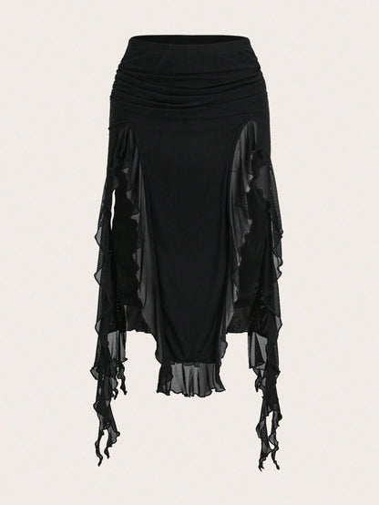 ICON Women's Ruffle Hem Slit Design Casual Versatile Date Night Skirt