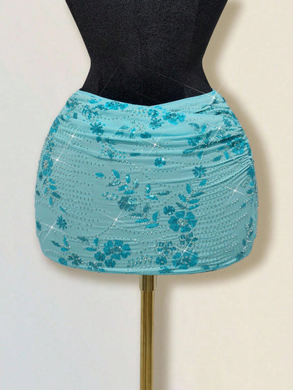 ICON Women's Sequin Embroidered Ruched Bodycon Mini Skirt,Club Sexy