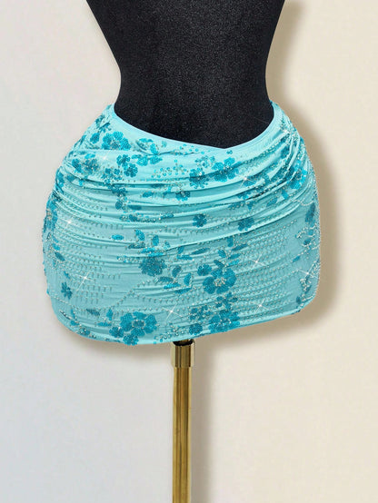 ICON Women's Sequin Embroidered Ruched Bodycon Mini Skirt,Club Sexy