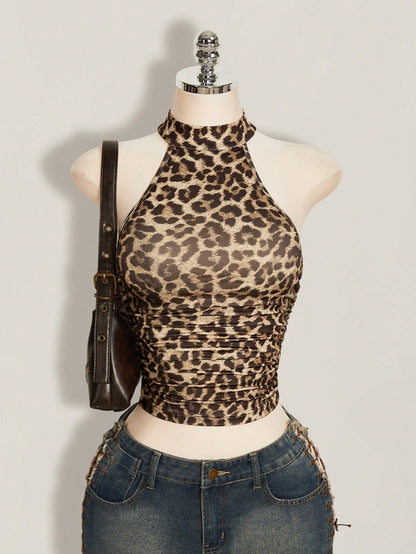 ICON Y2k Summer Women's Going Out Club Night Out Party Beige Hippie Sexy Casual Vacation Leopard Print Backless Fitted Cropped Halter Top