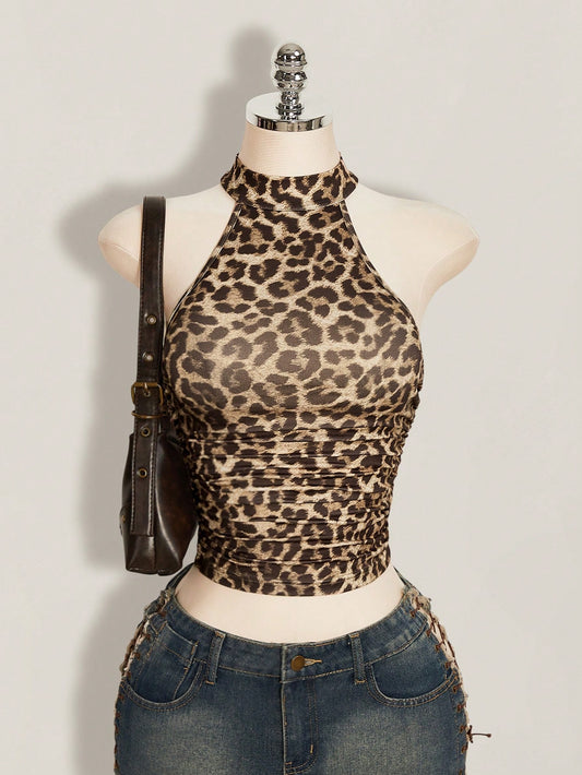 ICON Y2k Summer Women's Going Out Club Night Out Party Beige Hippie Sexy Casual Vacation Leopard Print Backless Fitted Cropped Halter Top