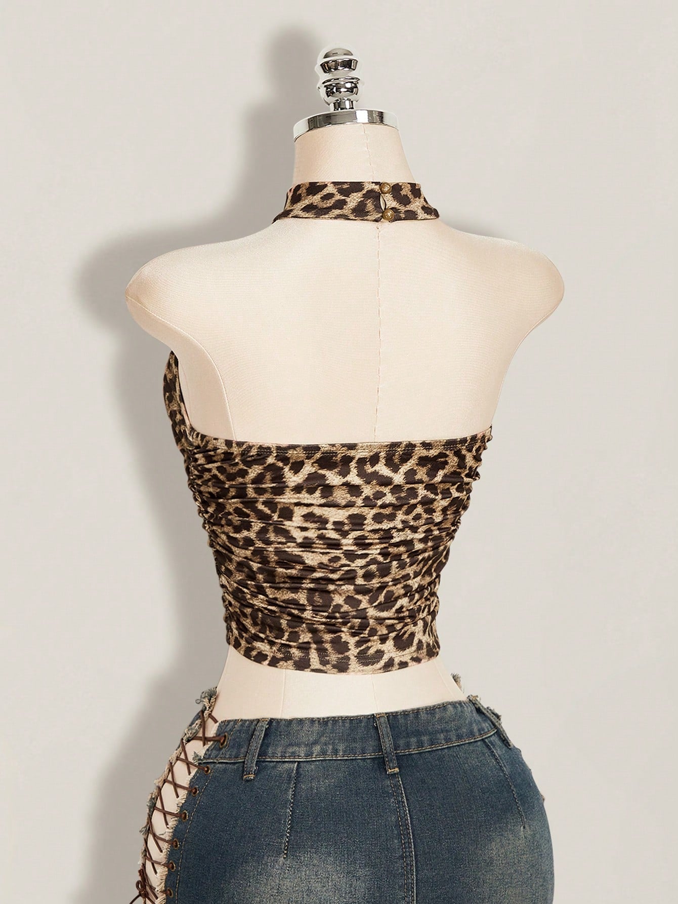 ICON Y2k Summer Women's Going Out Club Night Out Party Beige Hippie Sexy Casual Vacation Leopard Print Backless Fitted Cropped Halter Top