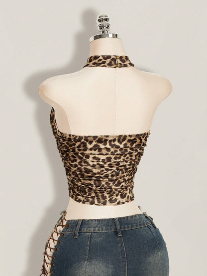 ICON Y2k Summer Women's Going Out Club Night Out Party Beige Hippie Sexy Casual Vacation Leopard Print Backless Fitted Cropped Halter Top
