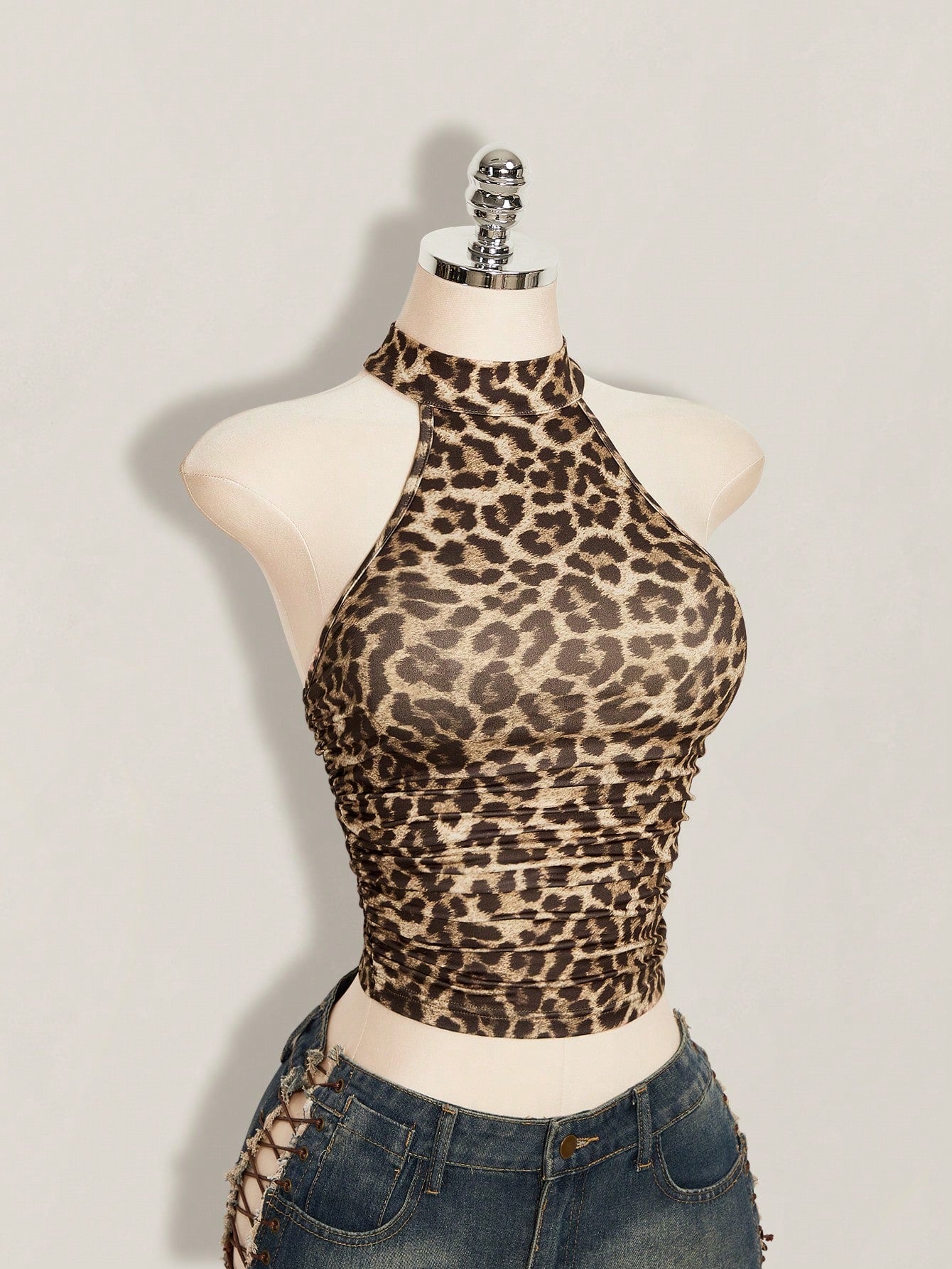 ICON Y2k Summer Women's Going Out Club Night Out Party Beige Hippie Sexy Casual Vacation Leopard Print Backless Fitted Cropped Halter Top