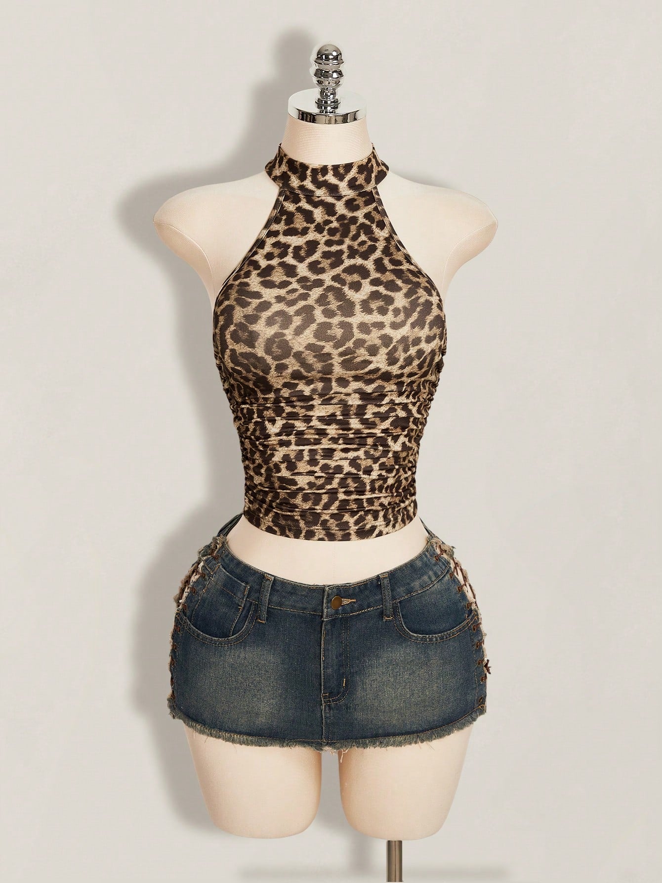 ICON Y2k Summer Women's Going Out Club Night Out Party Beige Hippie Sexy Casual Vacation Leopard Print Backless Fitted Cropped Halter Top