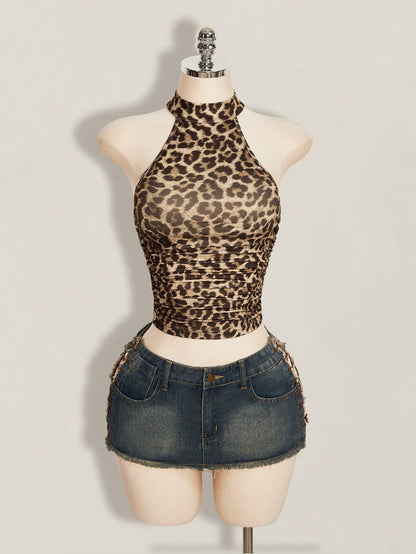 ICON Y2k Summer Women's Going Out Club Night Out Party Beige Hippie Sexy Casual Vacation Leopard Print Backless Fitted Cropped Halter Top