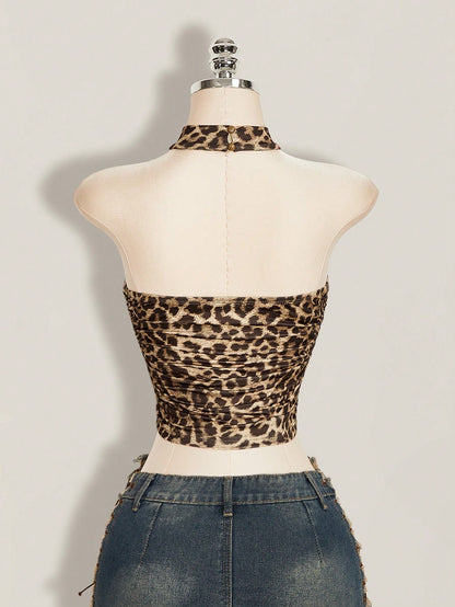 ICON Y2k Summer Women's Going Out Club Night Out Party Beige Hippie Sexy Casual Vacation Leopard Print Backless Fitted Cropped Halter Top