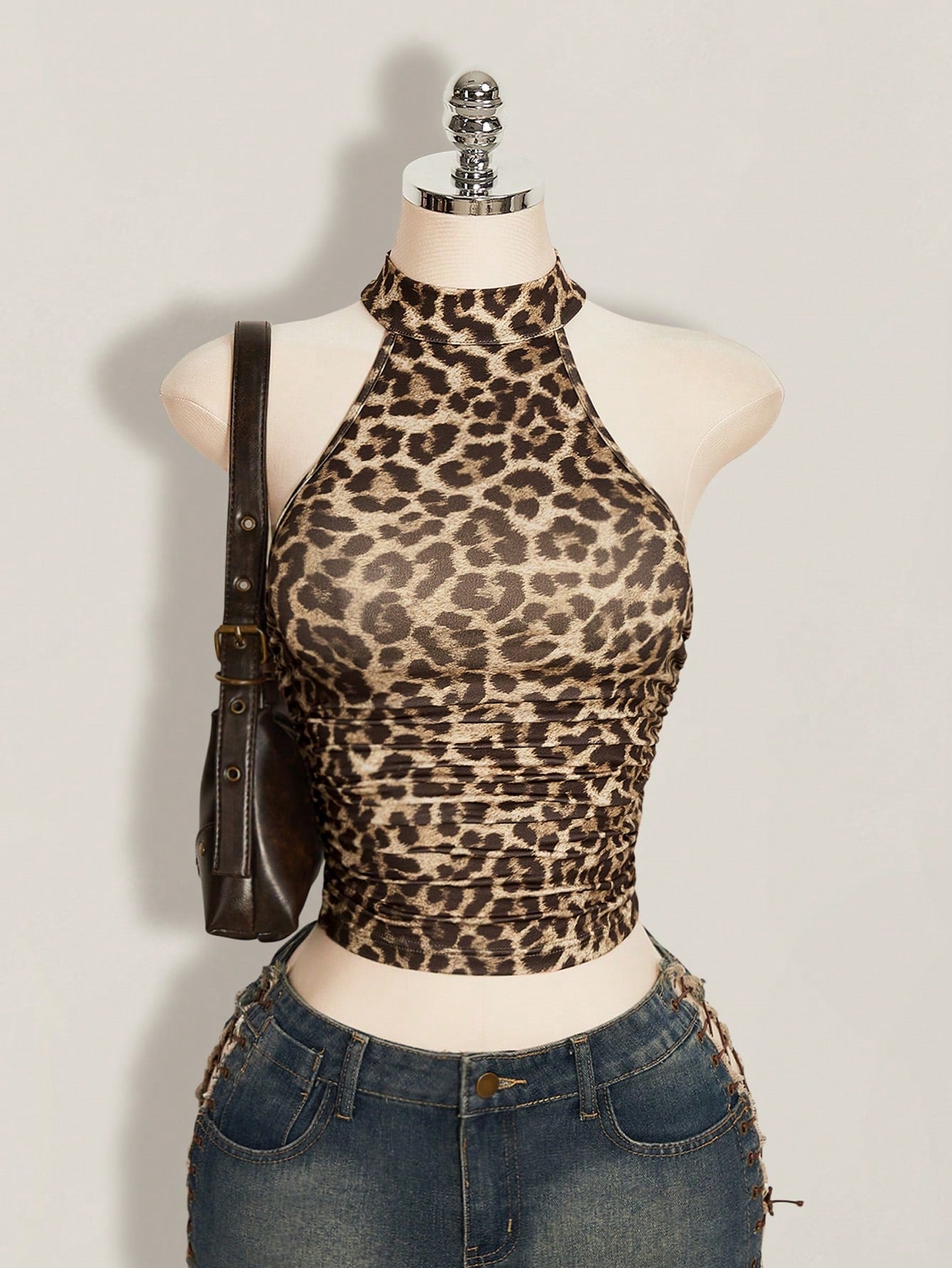 ICON Y2k Summer Women's Going Out Club Night Out Party Beige Hippie Sexy Casual Vacation Leopard Print Backless Fitted Cropped Halter Top