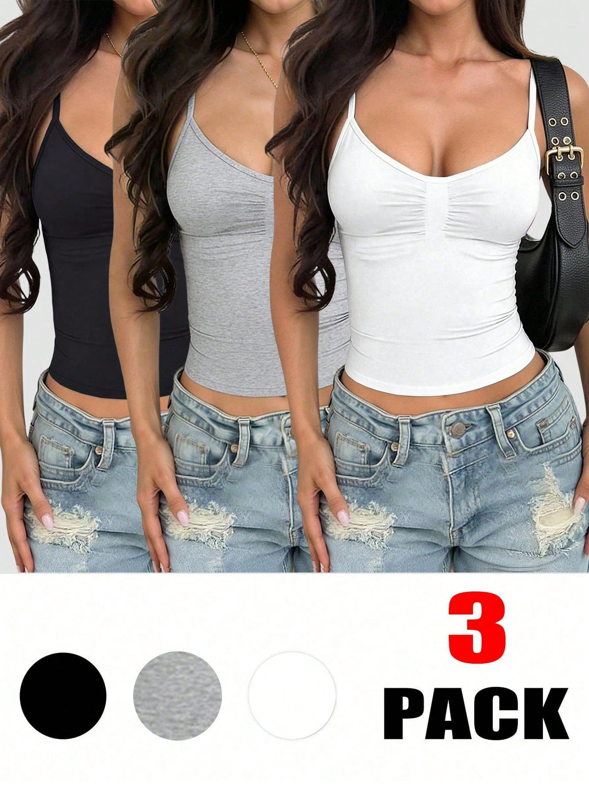 INAWLY 3pcs Women's Fashion Versatile Pleated Minimalist Camisole