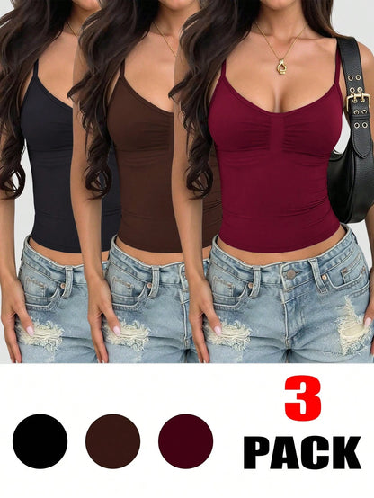 INAWLY 3pcs Women's Fashion Versatile Pleated Minimalist Camisole