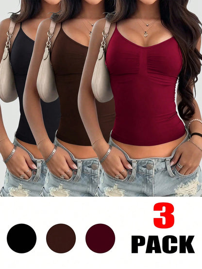 INAWLY 3pcs Women's Fashion Versatile Pleated Minimalist Camisole
