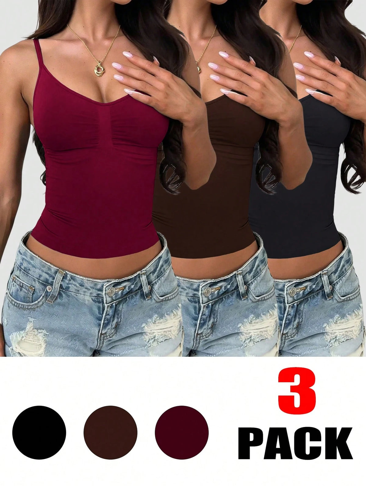 INAWLY 3pcs Women's Fashion Versatile Pleated Minimalist Camisole