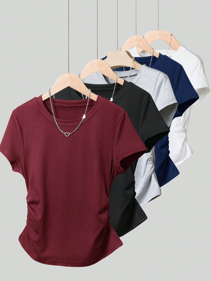INAWLY 5pcs/Set Plus Size Women Versatile Minimalist, Suitable For Summer, Basic Short Sleeve T-Shirt Top