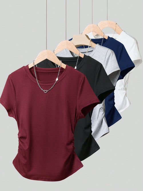 INAWLY 5pcs/Set Plus Size Women Versatile Minimalist, Suitable For Summer, Basic Short Sleeve T-Shirt Top