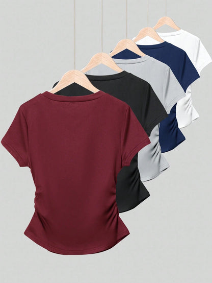 INAWLY 5pcs/Set Plus Size Women Versatile Minimalist, Suitable For Summer, Basic Short Sleeve T-Shirt Top