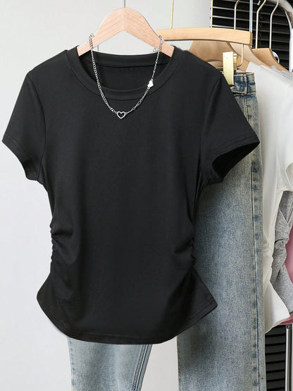 INAWLY 5pcs/Set Plus Size Women Versatile Minimalist, Suitable For Summer, Basic Short Sleeve T-Shirt Top